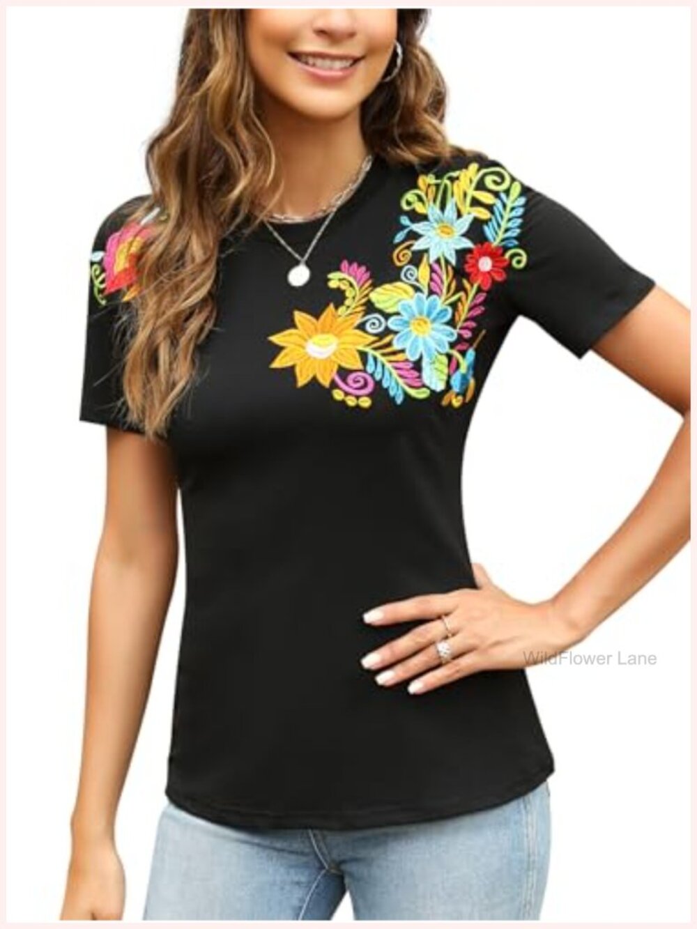 Embroidered Floral Tunic Blouse Short Sleeve Round Neck Summer Top